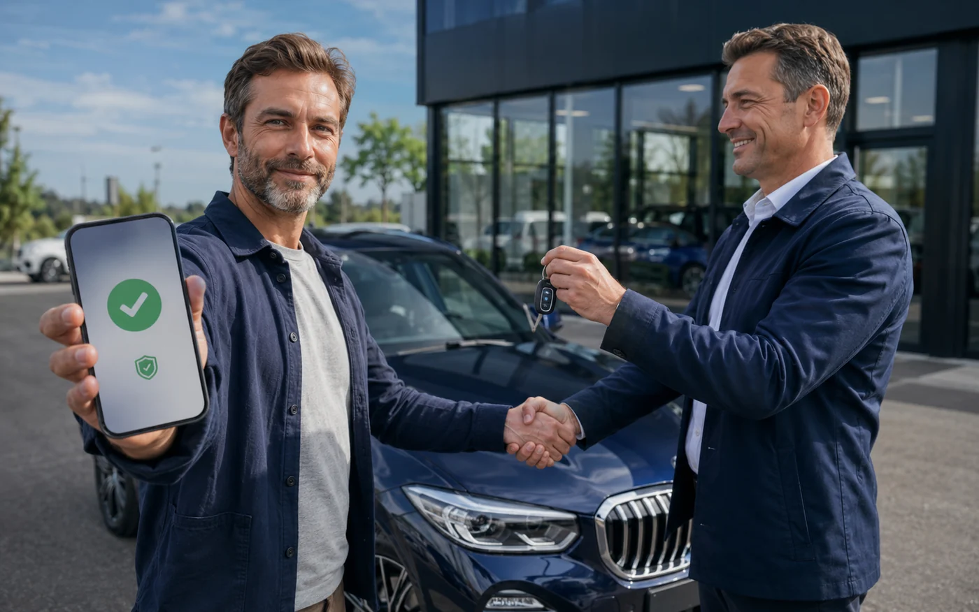 Remise des clés et transaction sécurisée entre un vendeur et un professionnel de l'automobile