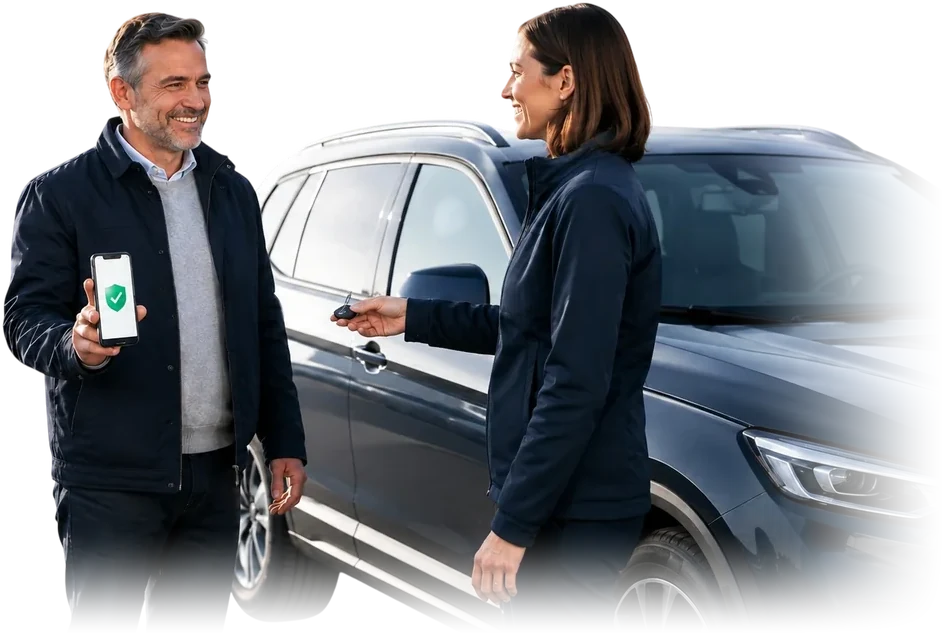 Remise des clés d'une voiture d'occasion entre un vendeur et une professionnelle de l'automobile